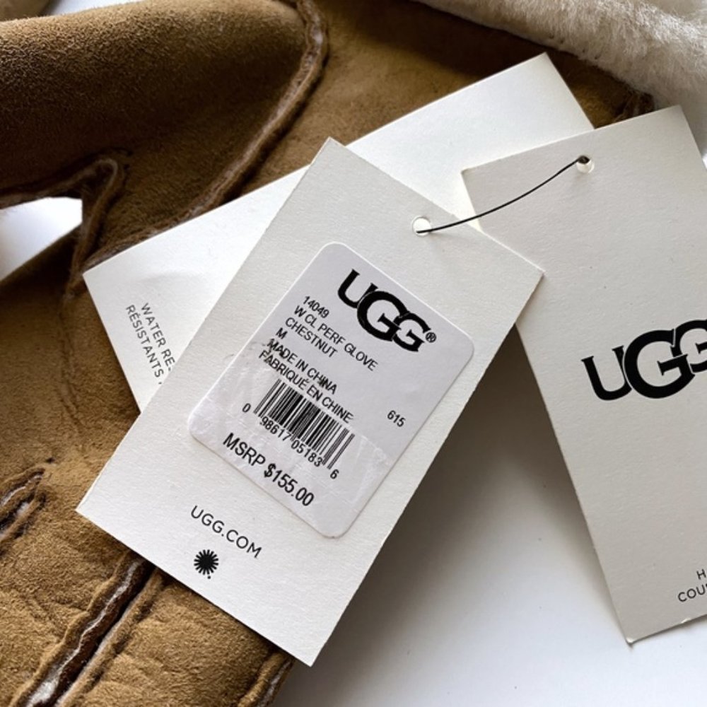 UGG Classic Perforated Genuine Shearling Suede Gloves Size Medium Chestnut - Picture 5 of 6